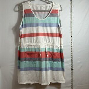 Womens‎ casual striped sleeveless pocketed swim cover with drawstring waist